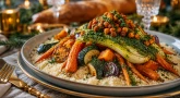 Recette : Couscous revisité aux légumes rôtis, pois chiches croustillants et huile aux herbes