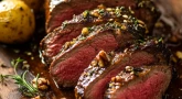 Recette : Filet de bœuf rôti au miel, moutarde et herbes
