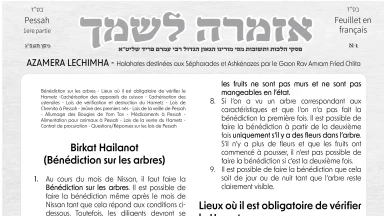 Feuillet sur les Halakhot du mois de Nissan et Pessa'h par le Rav Amram Fried