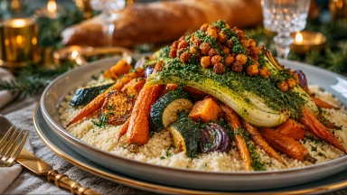 Recette : Couscous revisité aux légumes rôtis, pois chiches croustillants et huile aux herbes