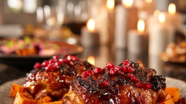 Recette : Parguiot laquées au sirop de grenade & gingembre, sur lit de patates douces rôties