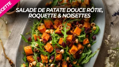 Recette : Salade de patate douce rôtie, roquette & noisettes 