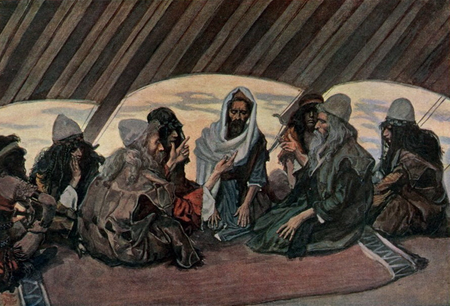 fresque de sages discutant dans un tente